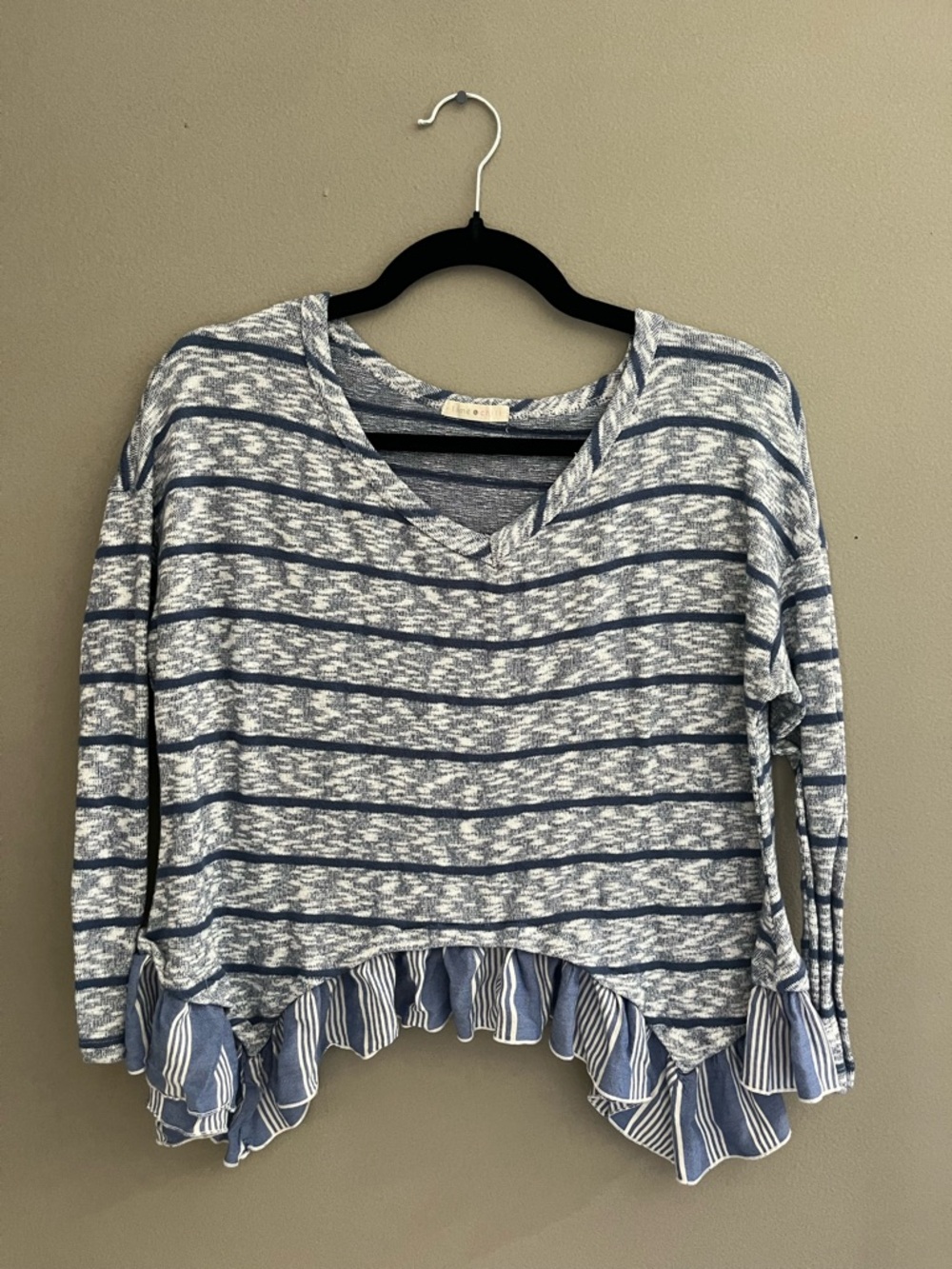 Lime N Chili Women’s V Neck Sweater Striped Asymmetrical Hem Ruffles Nautical